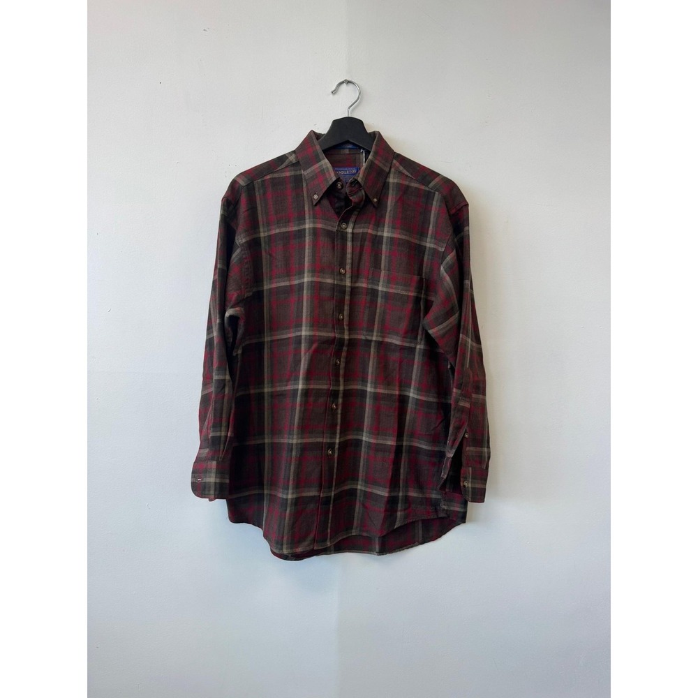 Pendleton Shirt Mens Medium Red Gray Plaid Virgin Wool Flannel Button Down